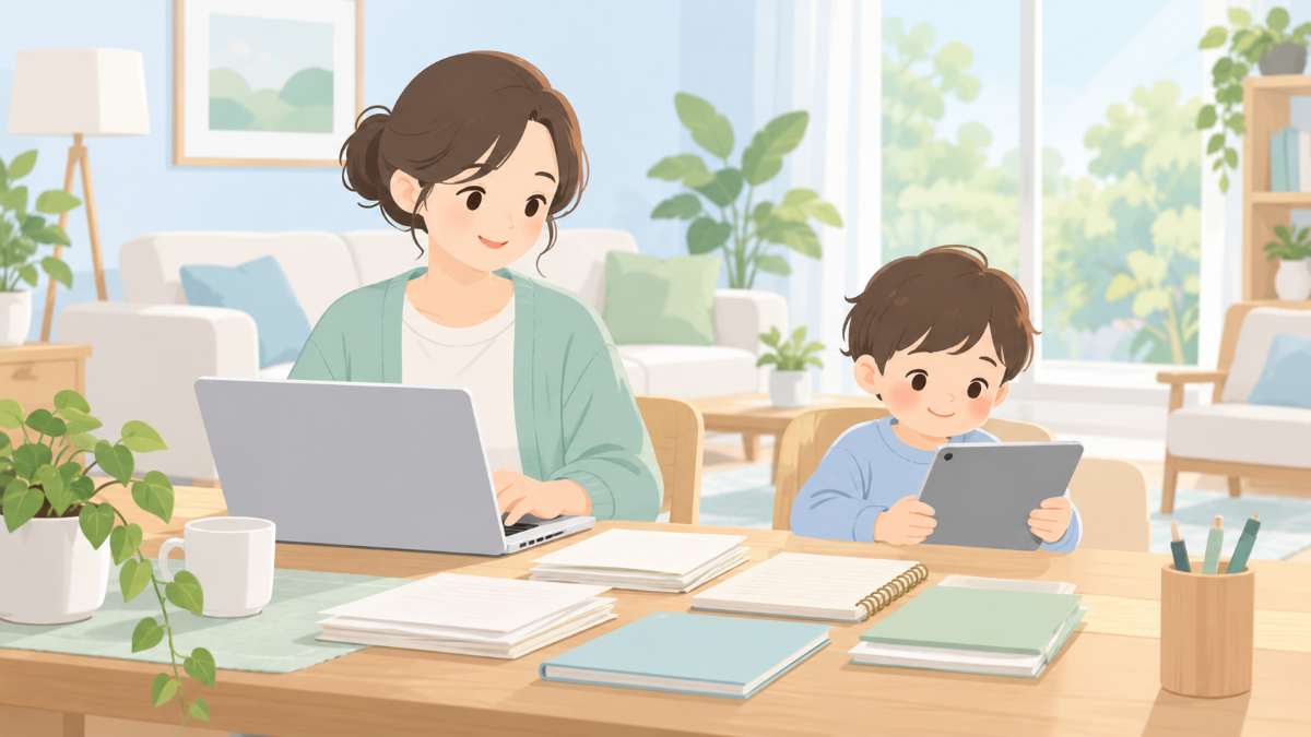 保護者がノートパソコンで質問メモを整理し、そばで子どもがタブレットを見ているリビングのイメージ画像
