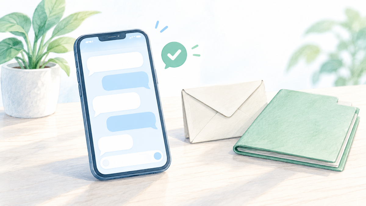 スマホのAIチャットに家族構成と条件だけを入力し、住民票やマイナンバーの書類は封筒にしまったまま横に置いているイメージ画像