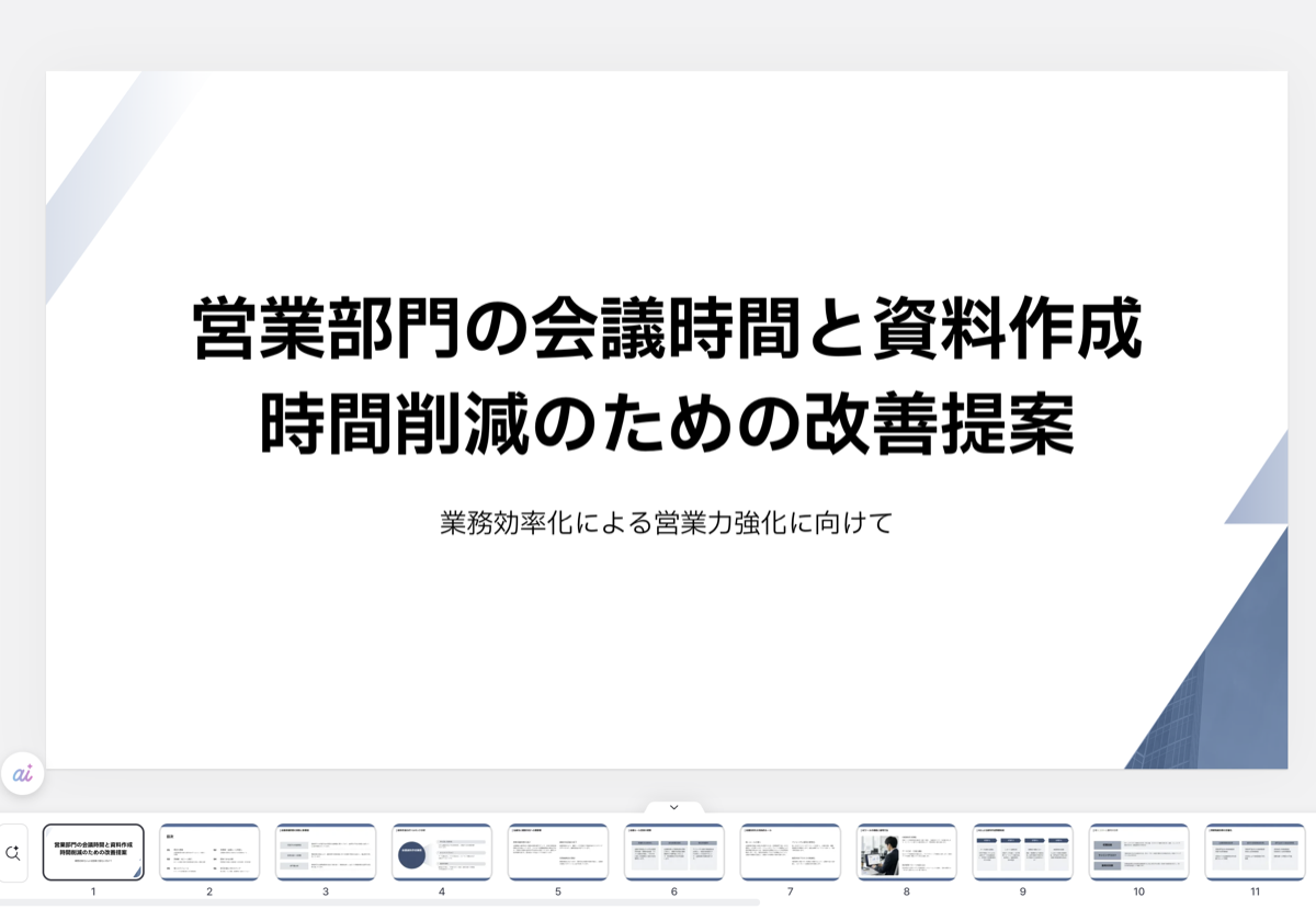完成したプレゼンの編集画面（デザインが適用された表紙スライドと、下部に並ぶスライドのサムネイル一覧）