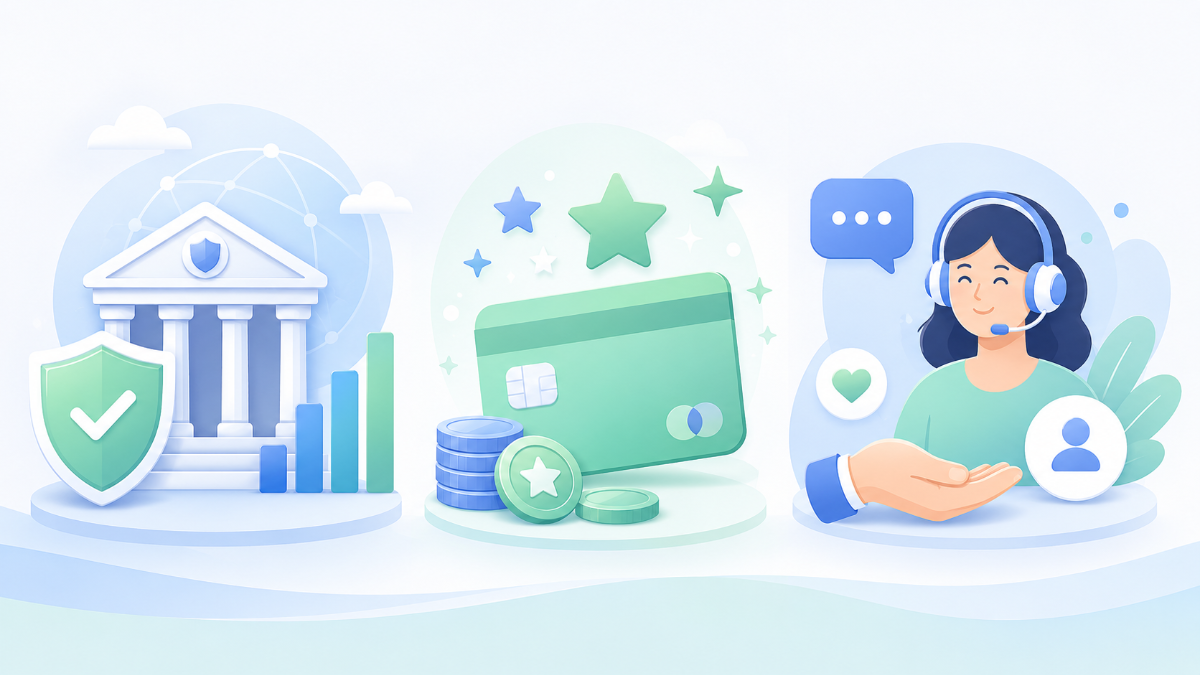 3つの証券会社の特徴を表す抽象的なイラスト(安心感・還元・サポートを表現)