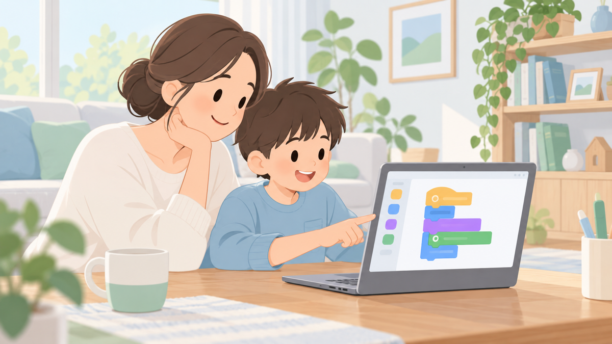 リビングで保護者と小学生がノートパソコンを見ながら、ブロックを組み合わせるプログラミングに取り組んでいるイメージ画像