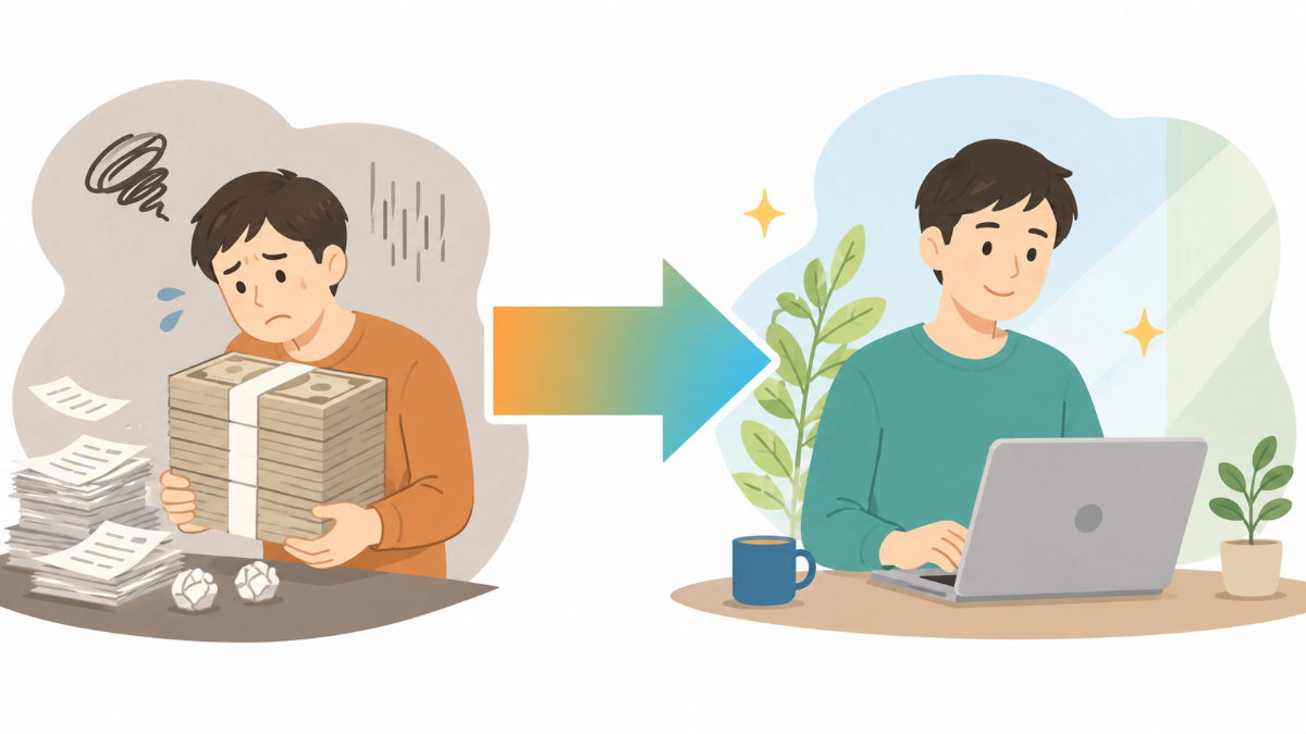 文字起こしを業者に外注して費用に困っている様子と、AIで下訳して軽やかに作業している様子を対比したBefore/Afterイラスト