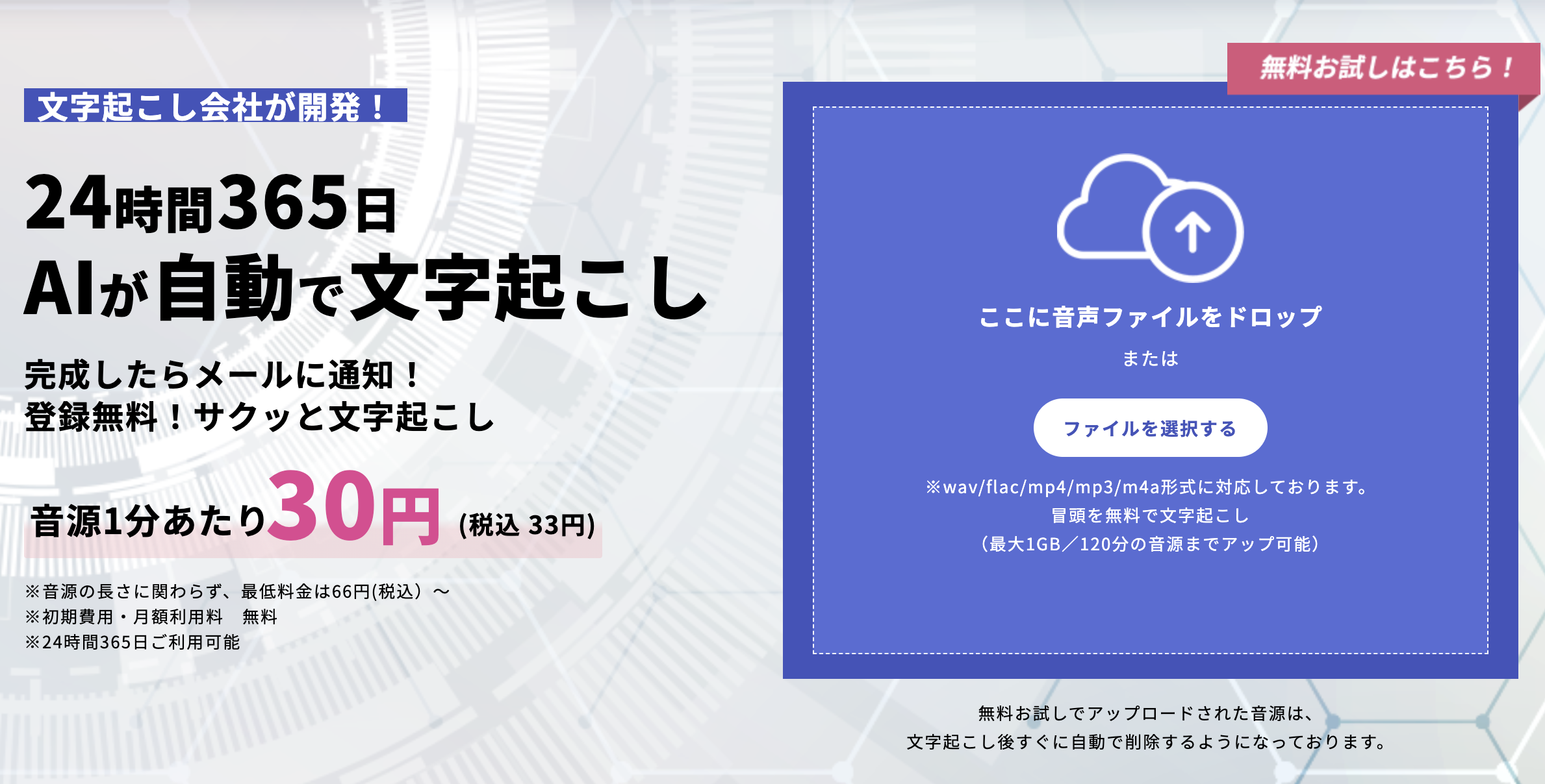 WITH TEAM AI文字起こしの公式サイトにある、1分33円（税込）の料金表示と、音声ファイルをアップロードして冒頭部分を無料でお試しできるアップロード画面