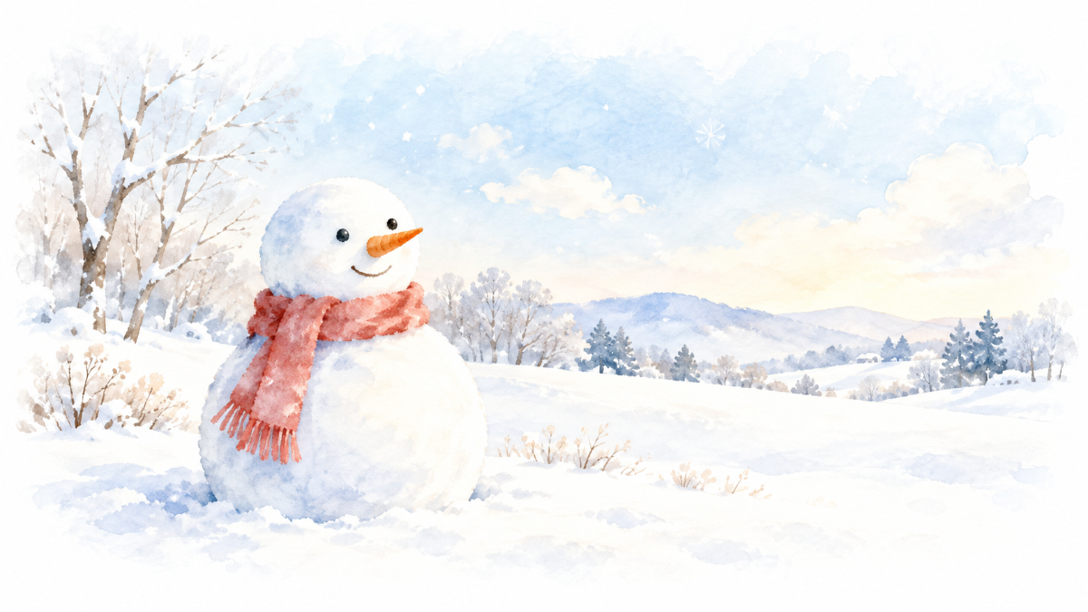 ChatGPTが作った画像。淡い水彩画のタッチで、赤いマフラーを巻いた雪だるまが中央より少し左に立ち、右側に雪景色が広がる、文字のない横長のイラスト