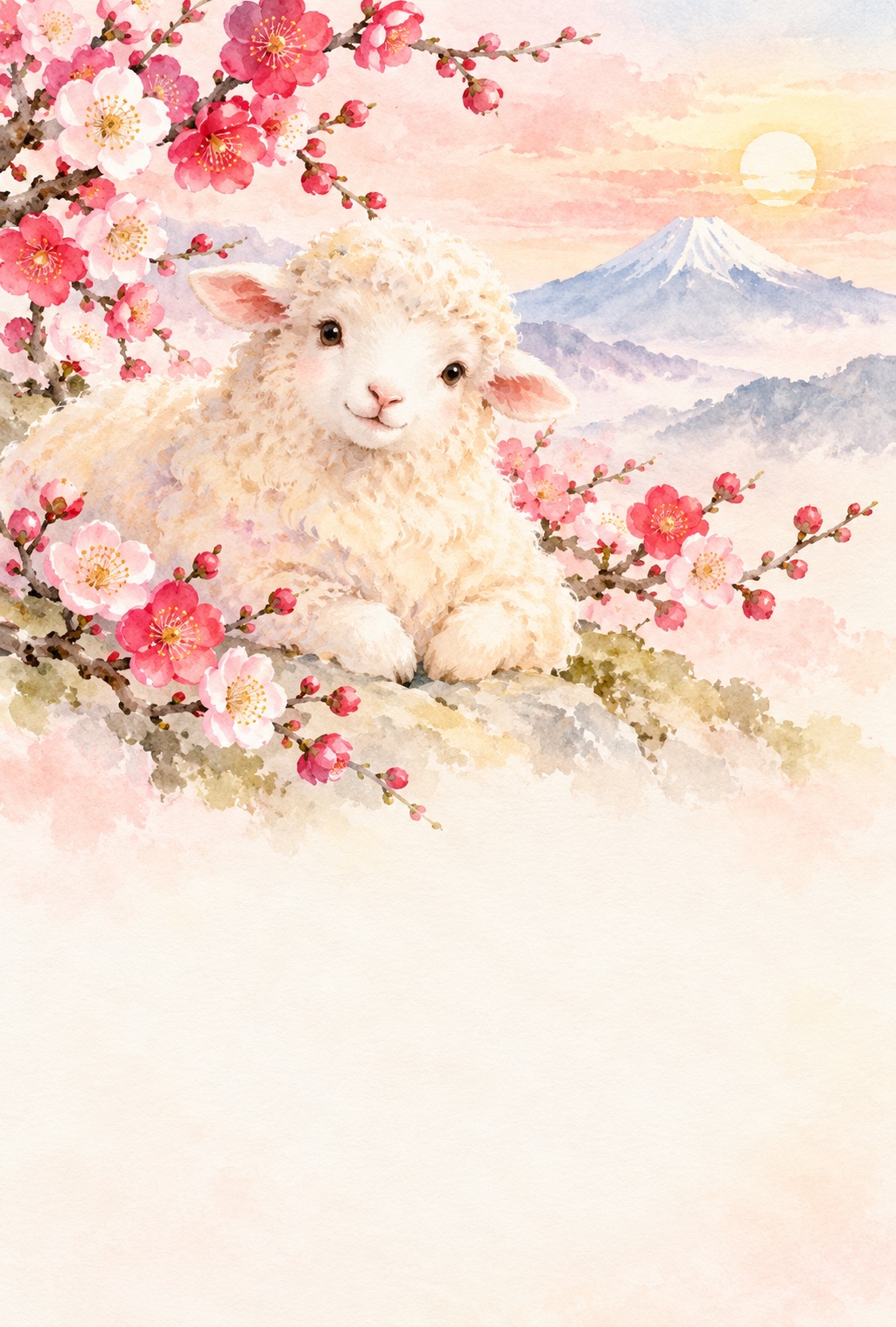ChatGPTで生成した、梅の花と羊の水彩風イラスト。遠くに富士山と太陽が描かれ、下の部分は余白になっている