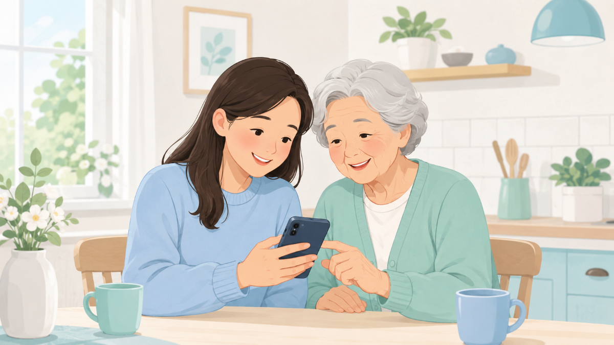 高齢の家族にスマホを見せながらChatGPTを一緒に開いている、明るい食卓のやさしいイラスト