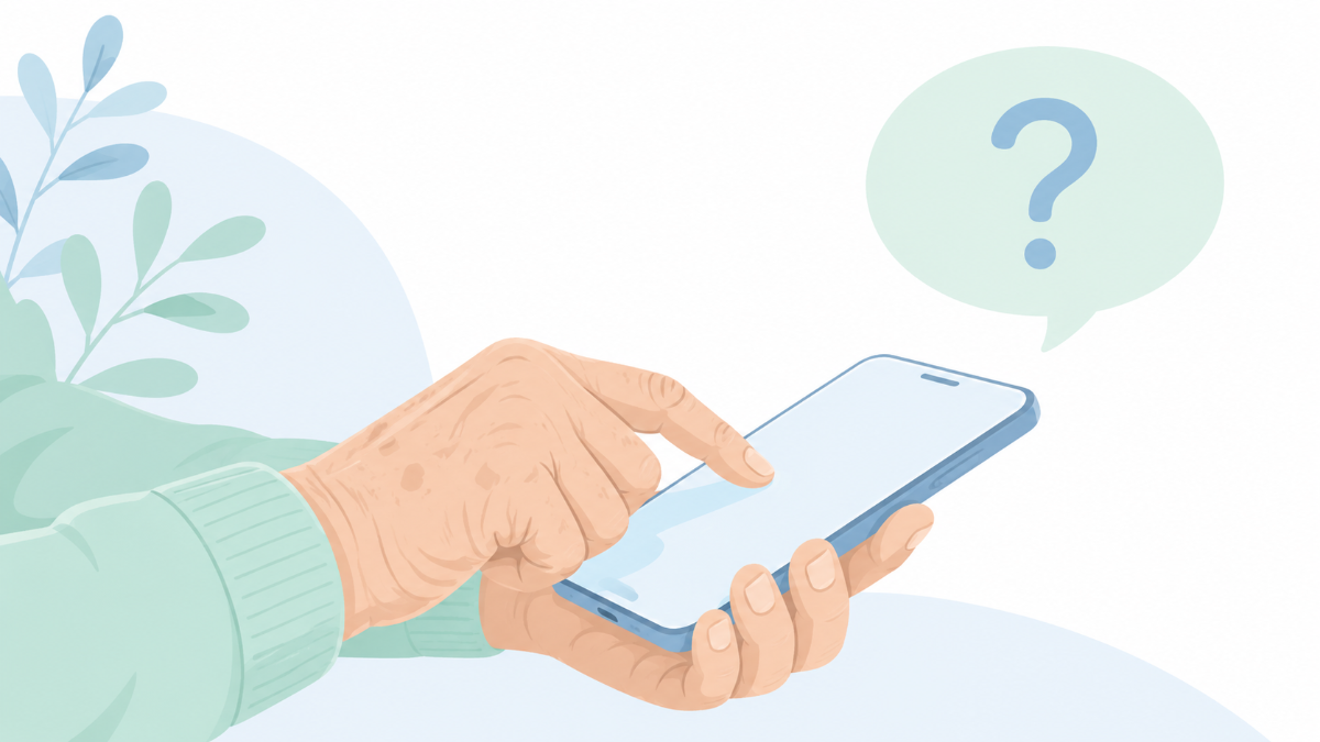 スマートフォンの画面に質問を打ち込んでいる手元のやさしいイラスト