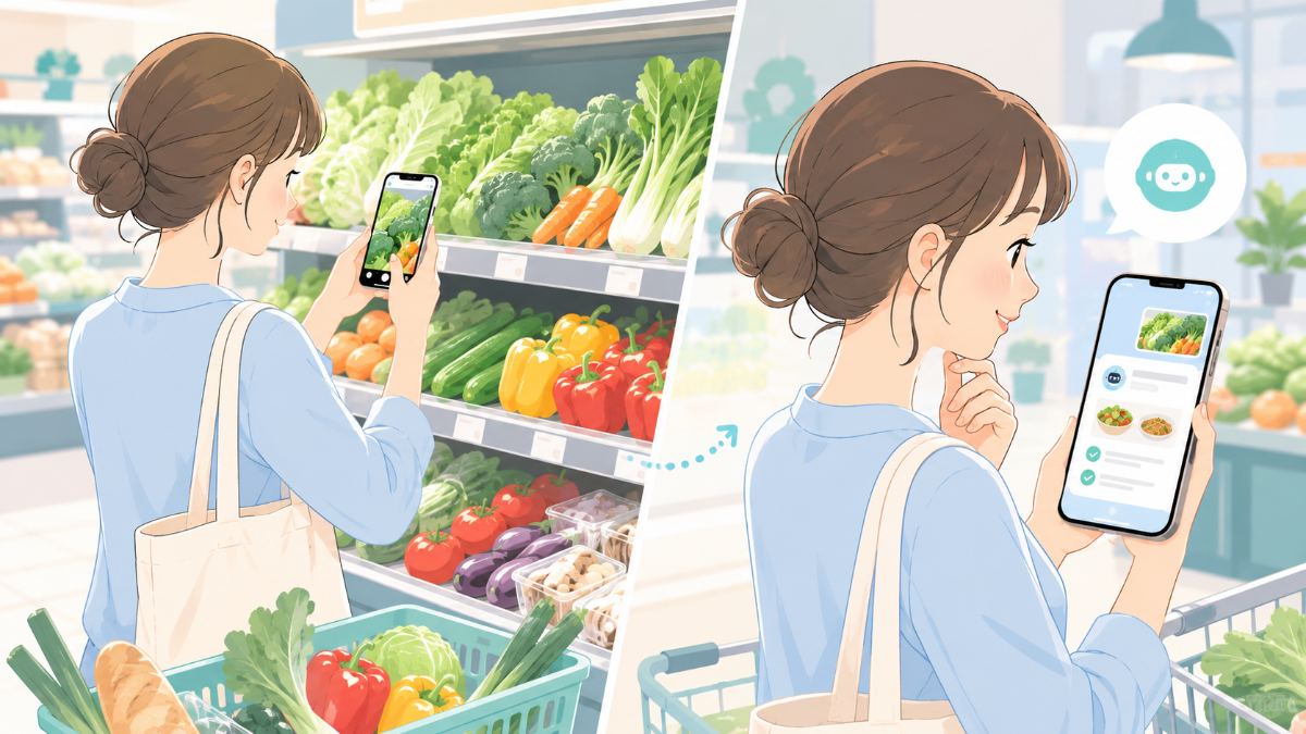スーパーの売り場でiPhoneのカメラで食材を写し、ChatGPTに質問する暮らしのやさしいイラスト
