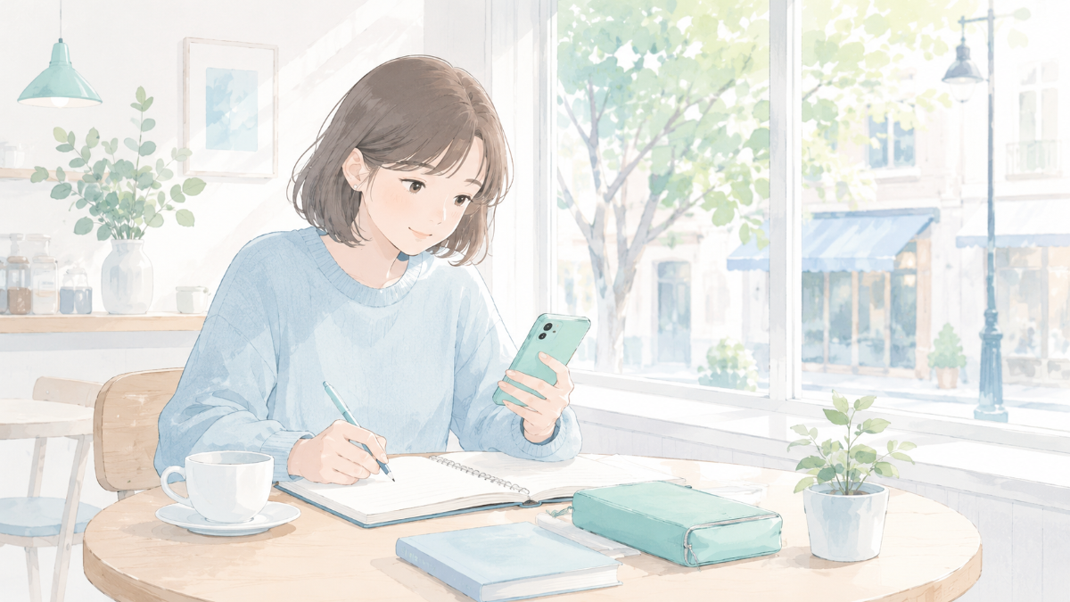 カフェでノートとスマホを使って勉強や読書メモを整理する様子