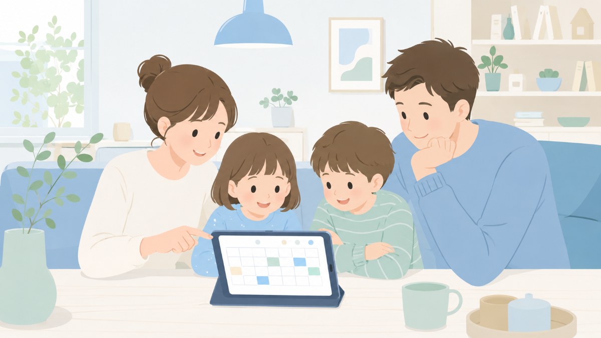 タブレットの共有カレンダーを家族で一緒に確認する様子