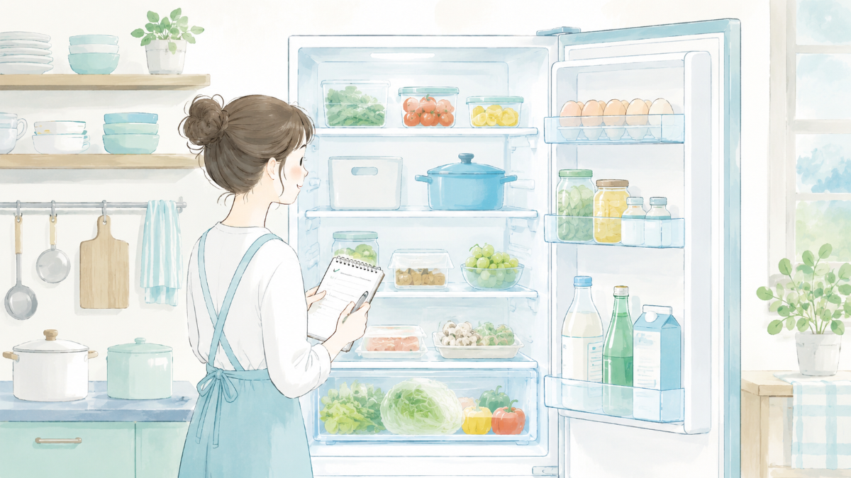 買い物リストを片手に冷蔵庫の在庫を確認する様子
