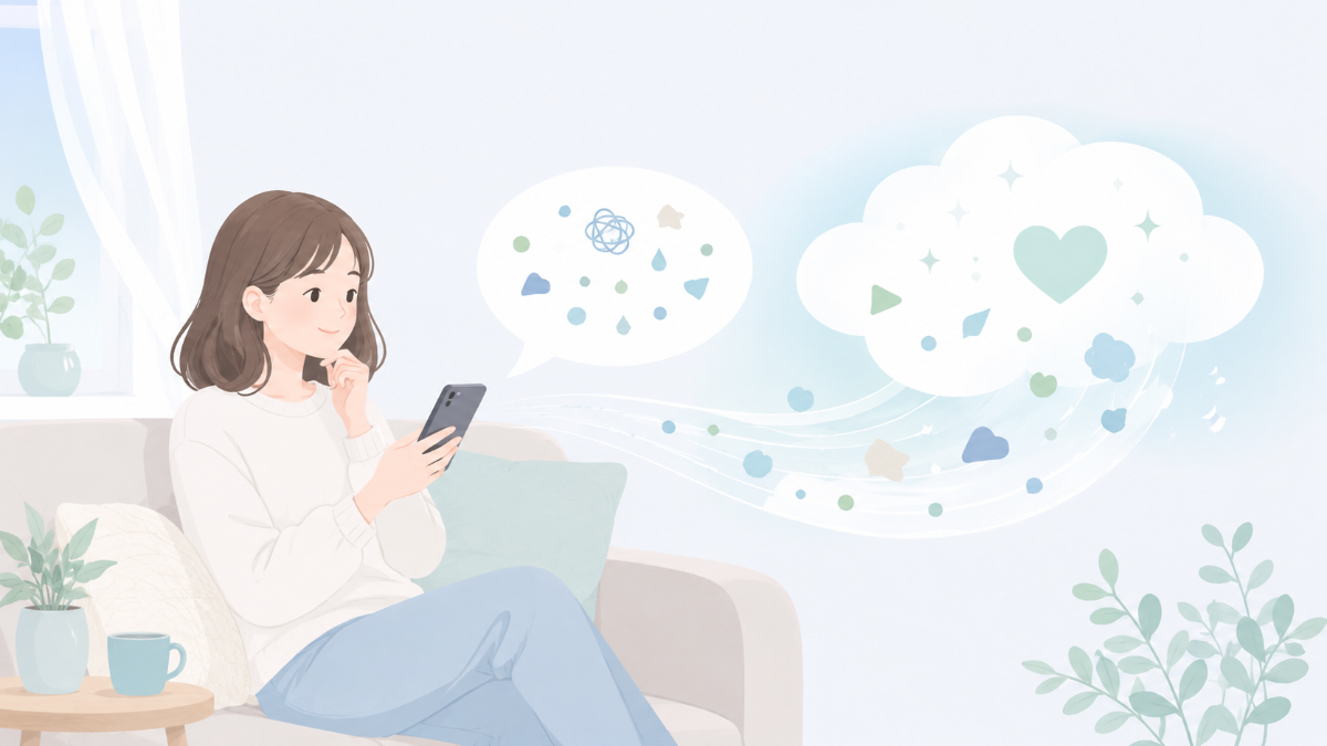 スマホに向かって気持ちをそのまま書き出している様子のやさしいイメージ
