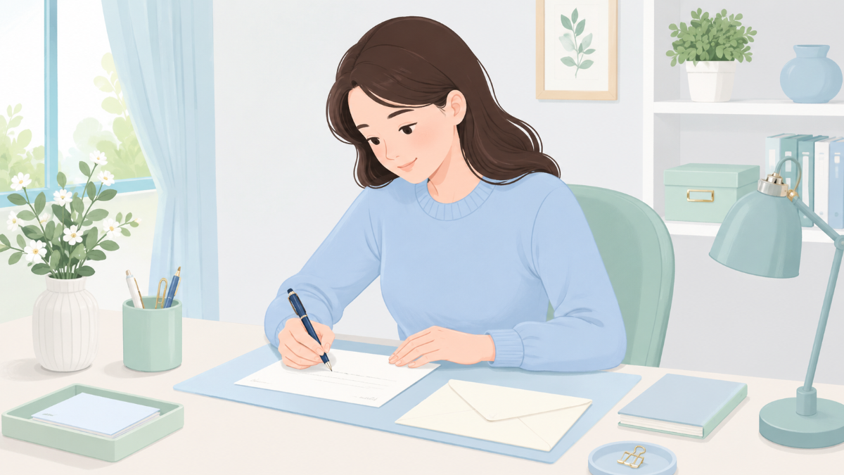 封筒の表書きと宛名を整えているやさしいイメージ