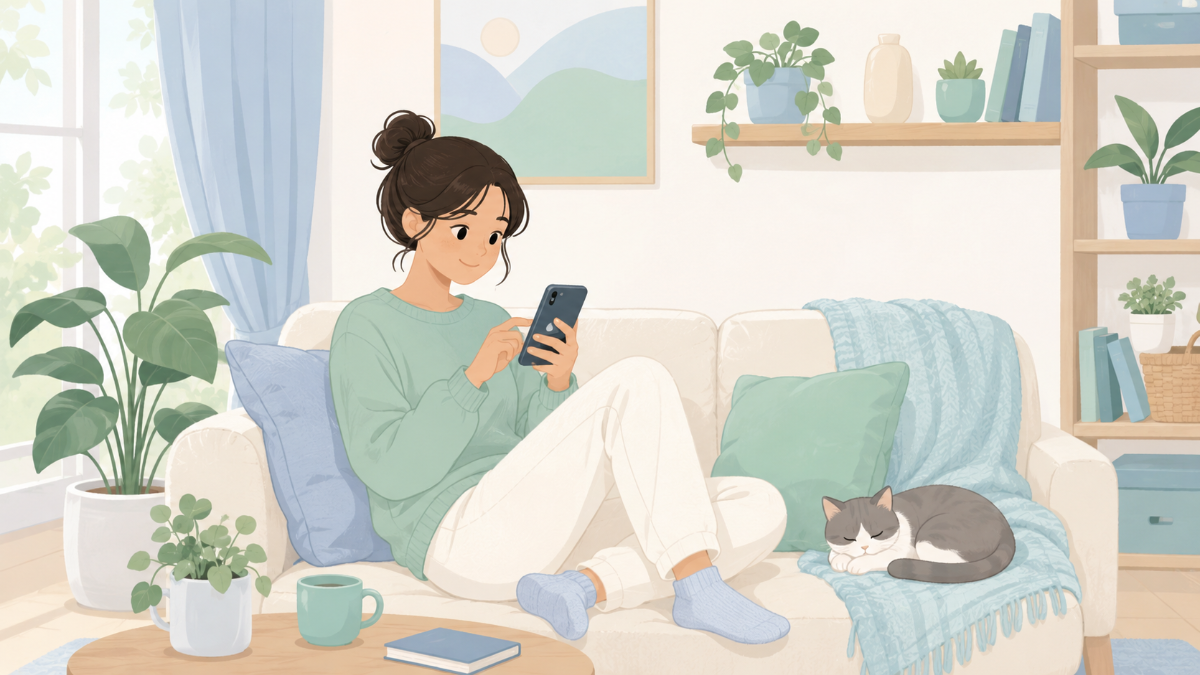 リビングでスマホのChatGPTアプリに生活リズムや目標を入力している様子のイメージ