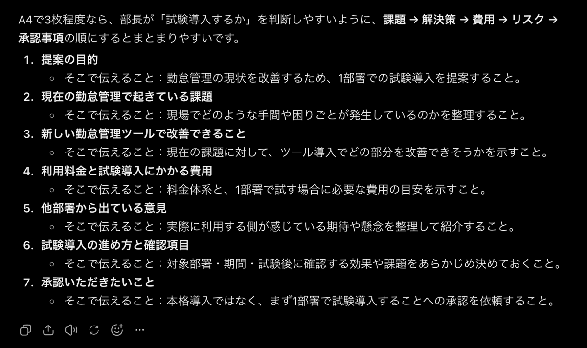 ChatGPTに目次だけを頼んだときの返答画面、提案の目的から承認いただきたいことまで7項目が並び、各項目に「そこで伝えること」が1行ずつ添えられている