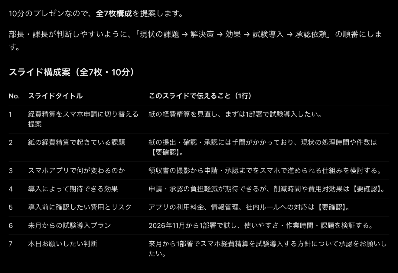 ChatGPTの返答画面。経費精算をスマホ申請に切り替える提案の、全7枚のスライドタイトルと伝えることの一覧