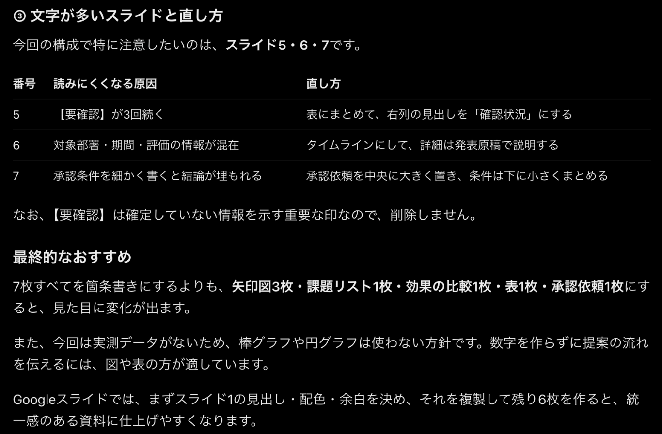 ChatGPTの返答画面。文字が多くなりやすい5・6・7枚目の原因と直し方の表と、グラフを使わない理由