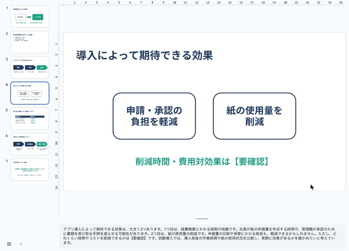 Googleスライドの編集画面。4枚目のスライドと、下のメモ欄に貼った話す原稿
