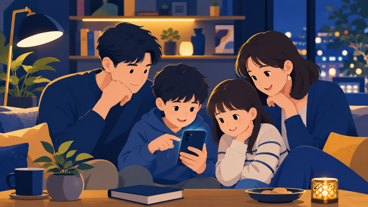 家族が並んでスマホのAIチャットを一緒に確認している様子
